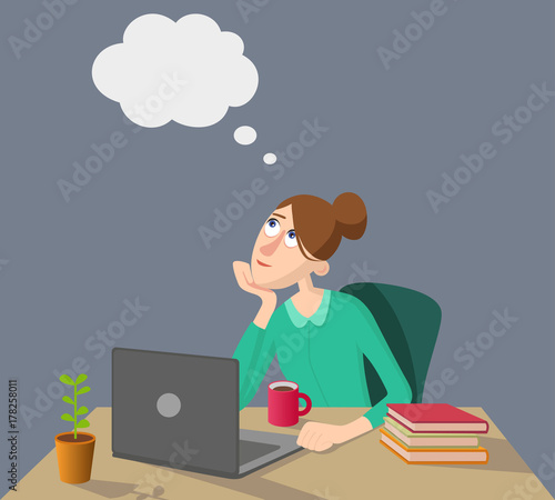 Girl is thinking and sitting at the table with laptop  books. Vector illustration
