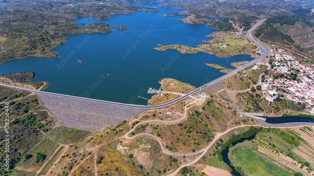 Aerial. Videography of drone, reservoir dam Odeleite. Portugal
