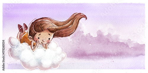 Obraz wesoła dziewczyna latająca z chmurą