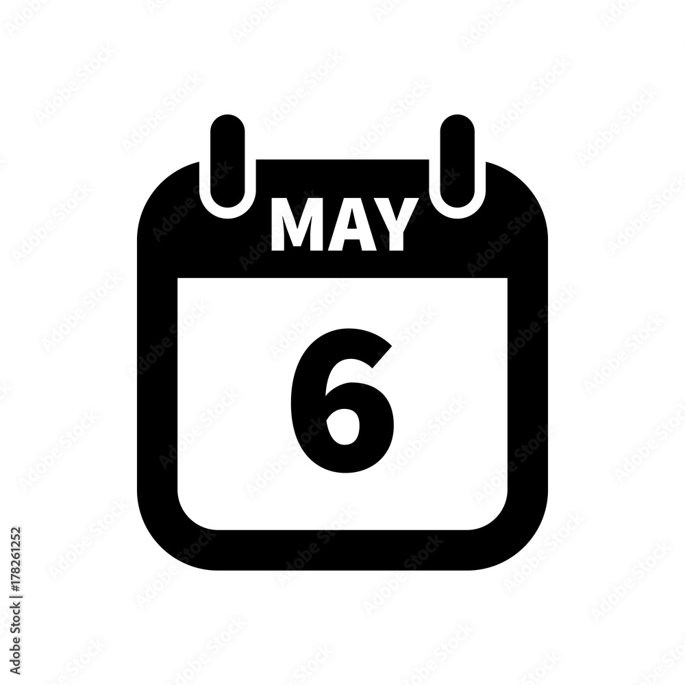 Simple black calendar icon with 6 may date isolated on white