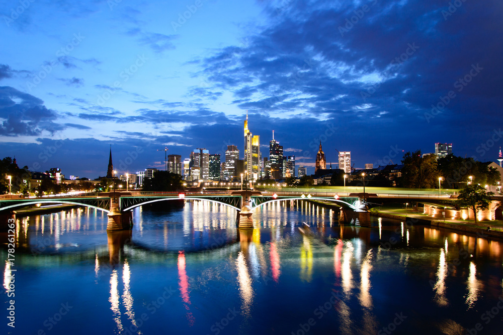 Panorama of financial district in Frankfurt am Main by night.