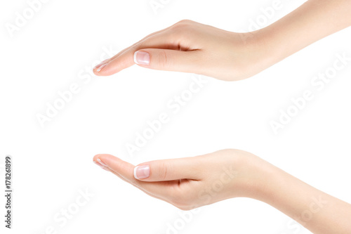 Empty female hands on white background.