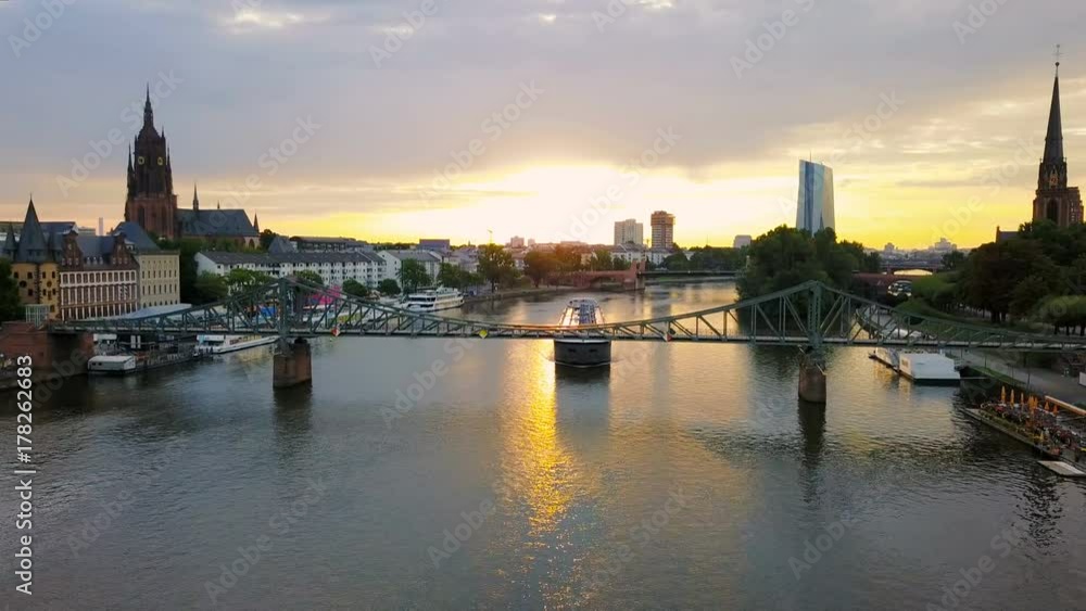 aerial view of ship on Main the river in Frankfurt during beautiful sunrise aerial view of ship on Main the river in Frankfurt during beautiful sunrise