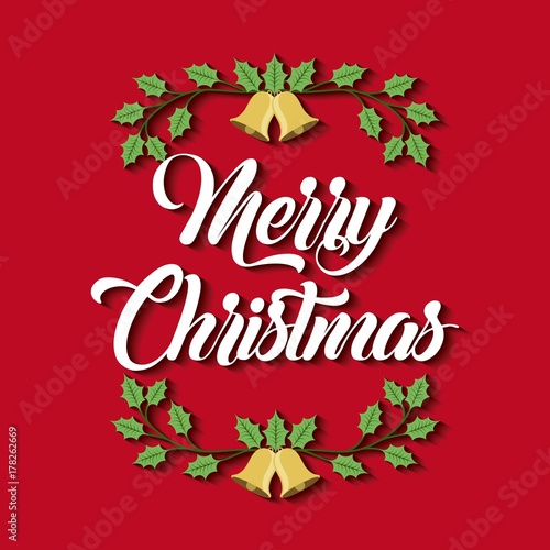 merry christmas card greeting decoration branch and bells
