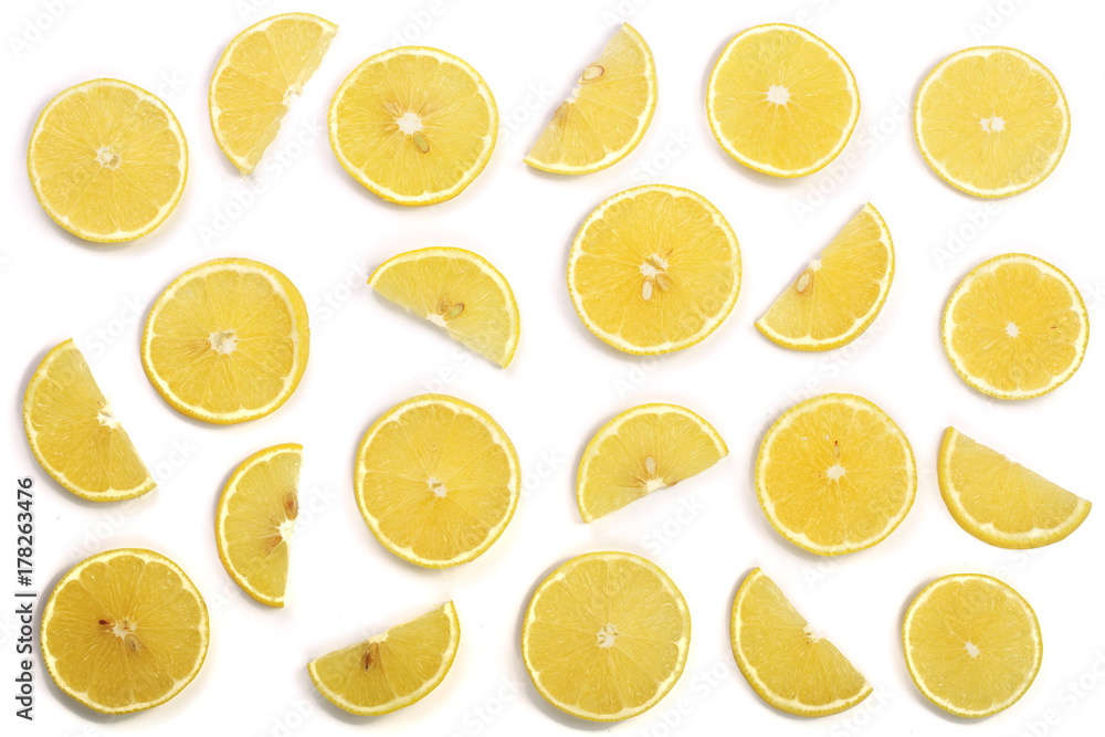 Slices lemon isolated on white background. Flat lay, top view