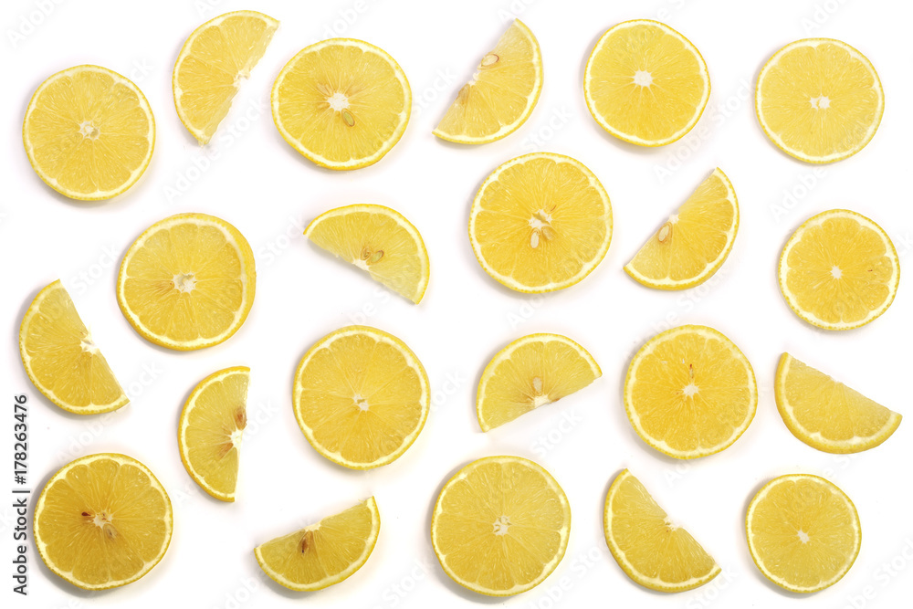 Slices lemon isolated on white background. Flat lay, top view Slices lemon isolated on white background. Flat lay, top view