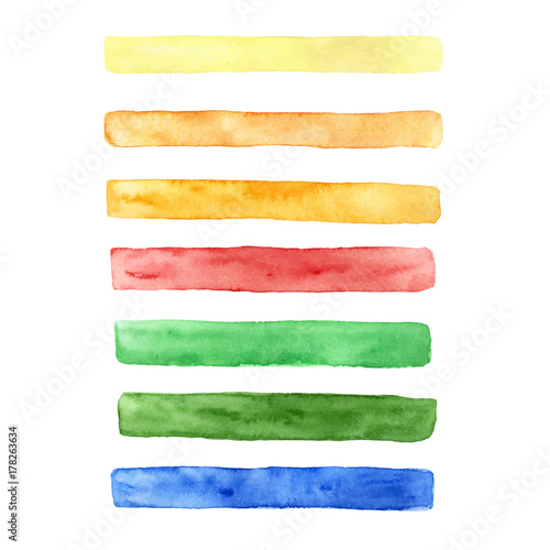 Hand drawn watercolor set of brush strokes of different colors: yellow, orange, red, blue and green. Textures for your design.