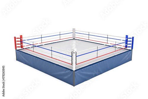 3d rendering of an empty boxing ring in side view to its corner isolated on white background.