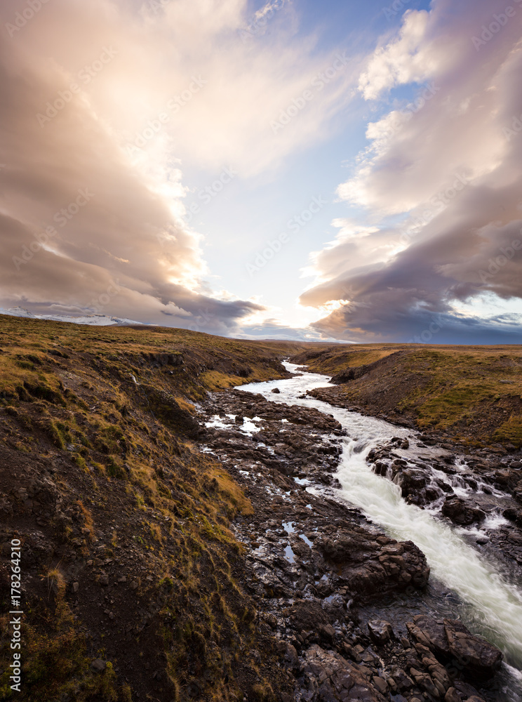 Sunset river in northern Iceland