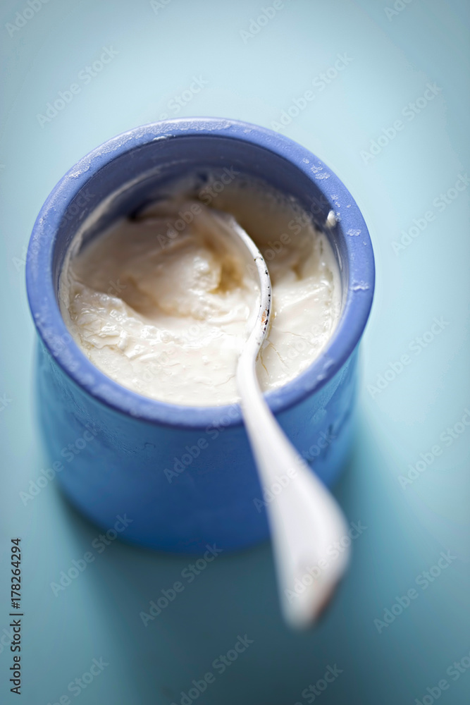 Vanilla yoghurt in blue pot Vanilla yoghurt in blue pot