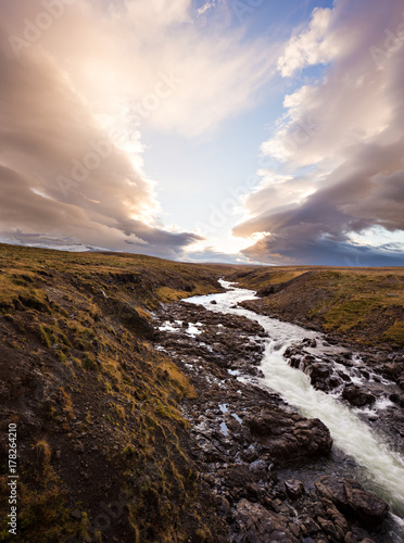 Sunset river in northern Iceland