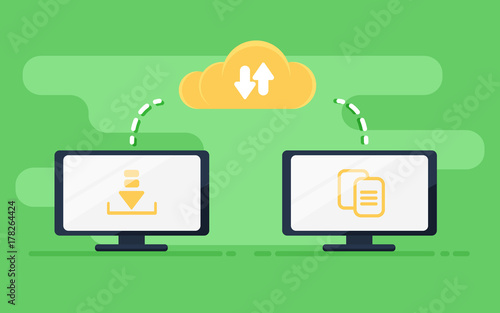 File transfer. Two computers transferred documents. Copy files, data exchange, backup, PC migration, file sharing concepts. Flat design graphic elements. Illustration