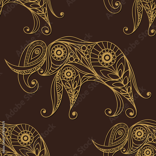 Seamless lace pattern with elephant gold