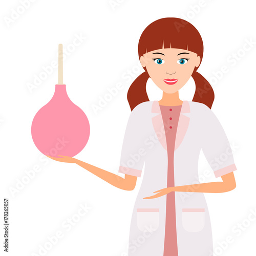 Nurse or a female doctor with an enema in hand. Vector.