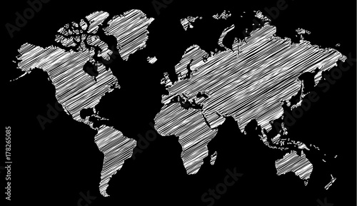 white world map on black background