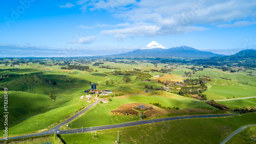 Aerial view on a vineyard and small farms at the foot of Mount Taranaki. Taranaki region, New Zealand photo