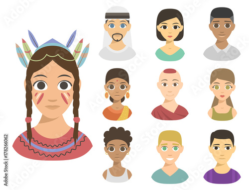 Cool avatars different nations people portraits ethnicity different skin tones ethnic affiliation and hair styles vector illustration.