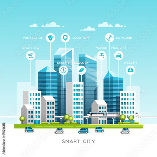 Urban landscape with infographic elements. Smart city. Modern city. Concept website template. Vector illustration.