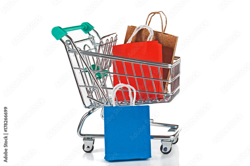 Shopping trolley with paper bags Shopping trolley with paper bags