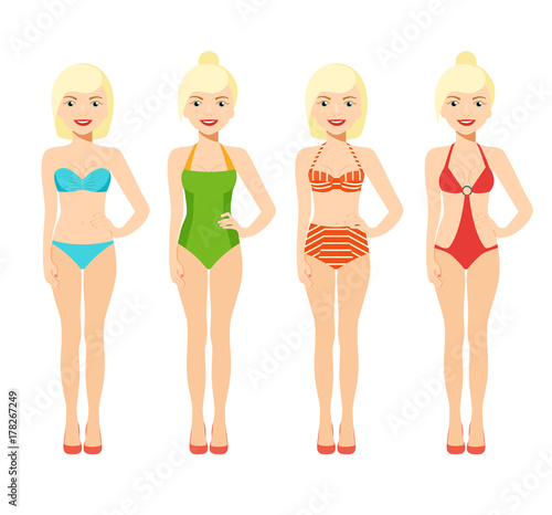 Young girls are in a fashionable swimsuit of different types. Vector flat illustration.