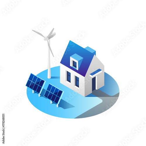 Green energy and eco friendly modern house. Solar panels and wind turbine generating electricity. Isometric vector illustration.