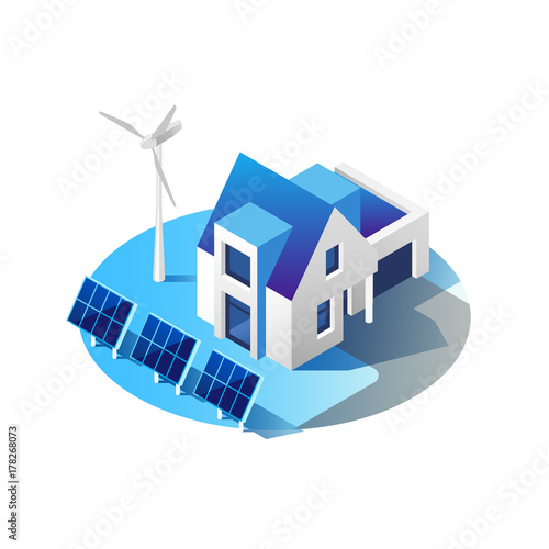 Green energy and eco friendly modern house. Solar panels and wind turbine generating electricity. Isometric vector illustration.