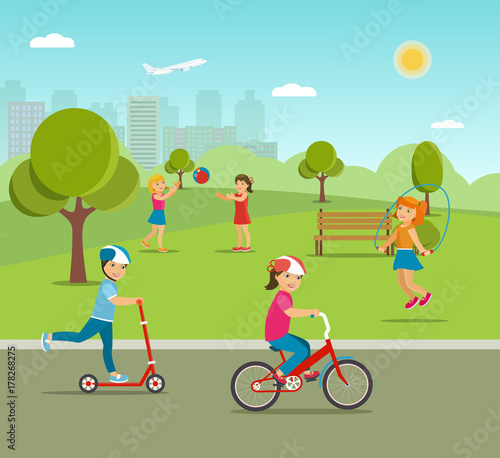 Children playing games and sports in the park. Vector flat illustration.