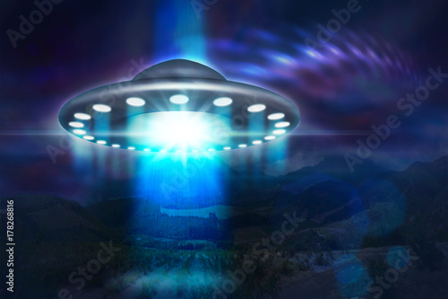 low key image of UFO hovering over a mountains at night 3d illustration