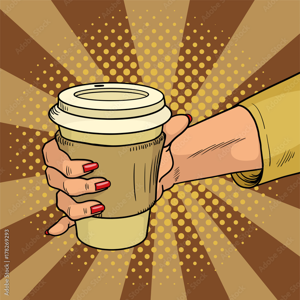 Female hand holds hot cardboard cup with coffee comic style. During a  working break she drinks energy drink. Vintage pop art retro vector  illustration. Stock Vector | Adobe Stock