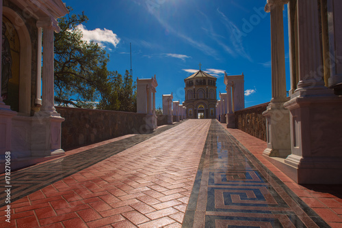 Famous orthodox monastery of Kykkos, Holy monastery of the Virgin of Kykkos in Cyprus. Way to the church near king Macarius grave. Travel sightseeing image photo