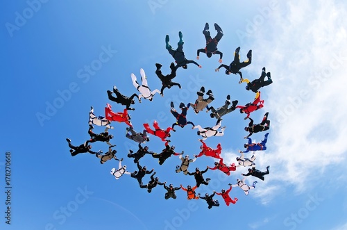 Skydiving team work low angle view