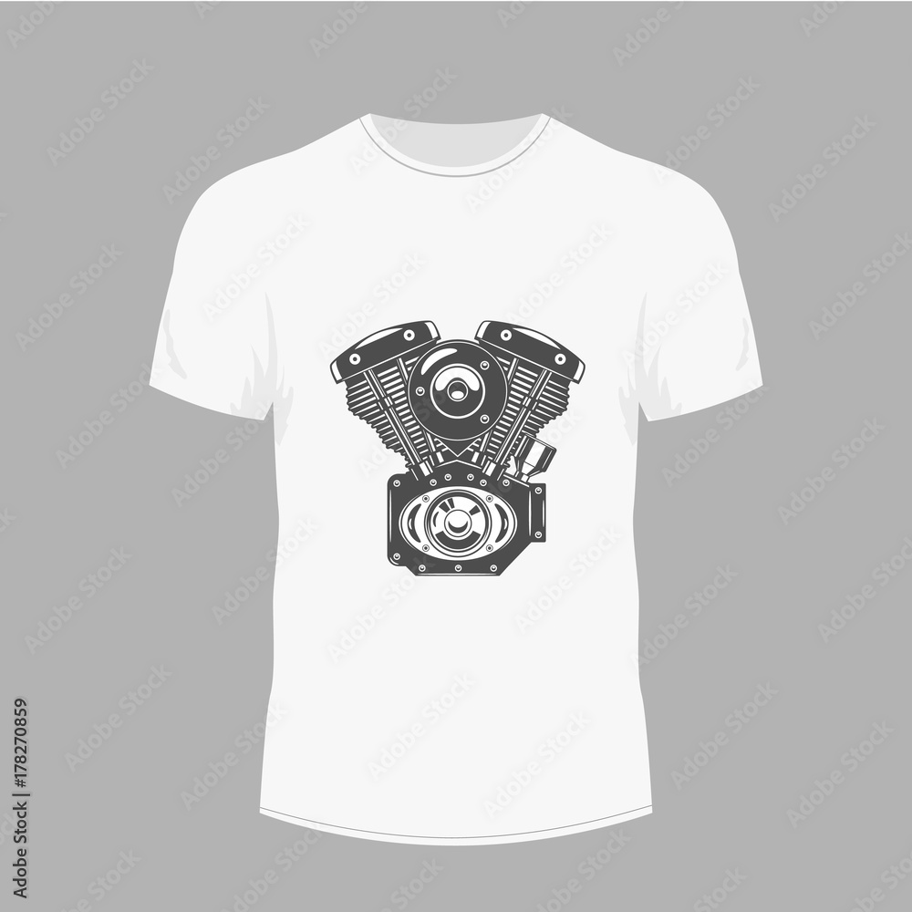 Men's white t-shirt - motorcycle engine vector icon Men's white t-shirt - motorcycle engine vector icon