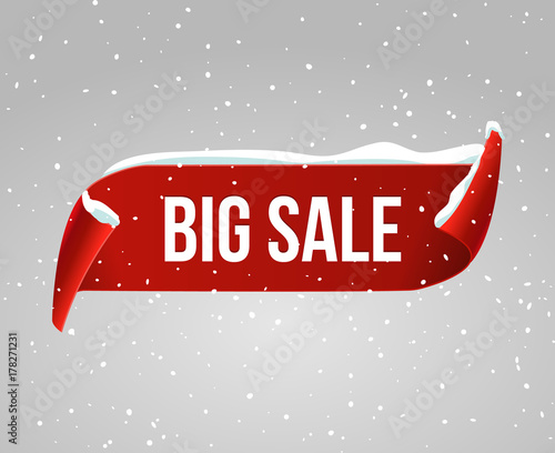 Big sale curved paper vector banner. Red advertising snow banner christmas design concept. Sale badge