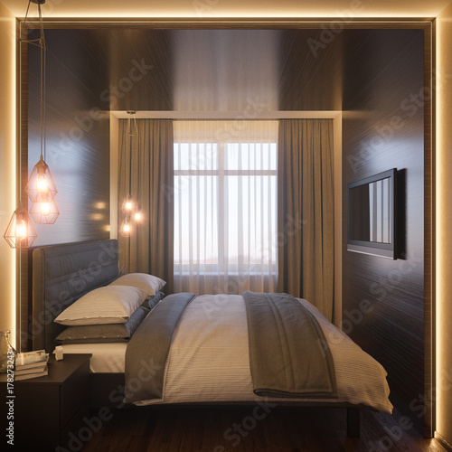 3d illustration of a bedroom interior design in a Scandinavian modern style. Render interior for the catalog with real furniture.