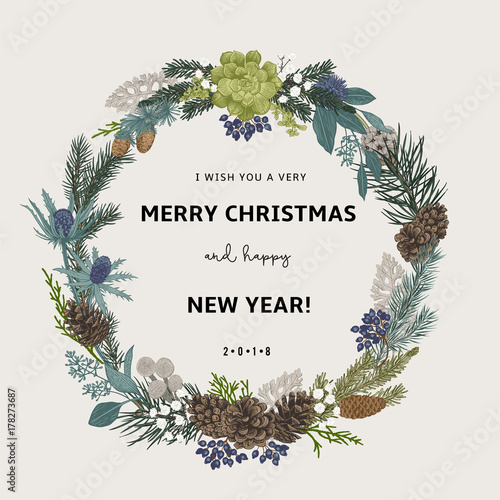 Vintage vector card. I Wish You A Very Merry Christmas And Happy New Year. The wreath of branches of different trees. Modern floristics. Colorful