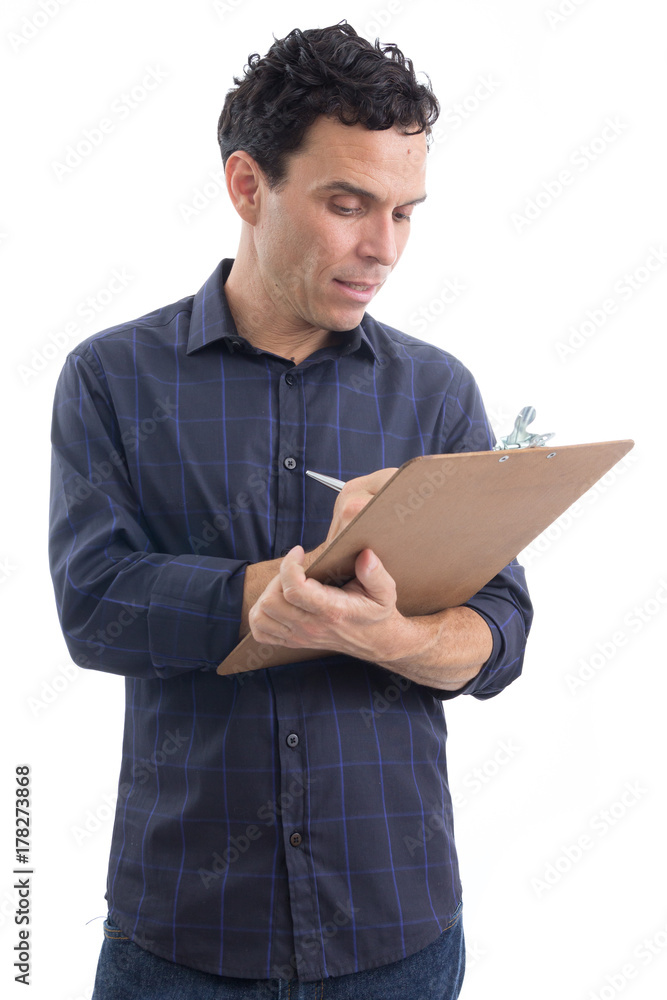 Worker takes notes and holds a clipboard. The person is wearing dark blue social shirt. Isolated.. Worker takes notes and holds a clipboard. The person is wearing dark blue social shirt. Isolated..