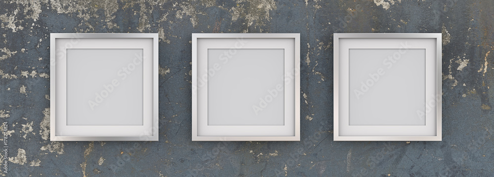 3 Square Picture Frames of Metal on Worn Blue Wall. Row of 3 Square Metal  Frames on Blue worn grunge wall with white Passe-partout. Blank for Copy  Space. 3D render. Stock Photo