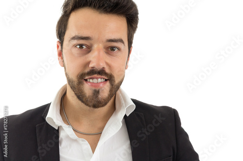 Portrait of smiling man. bearded person wears black jacket and white shirt. Isolated..