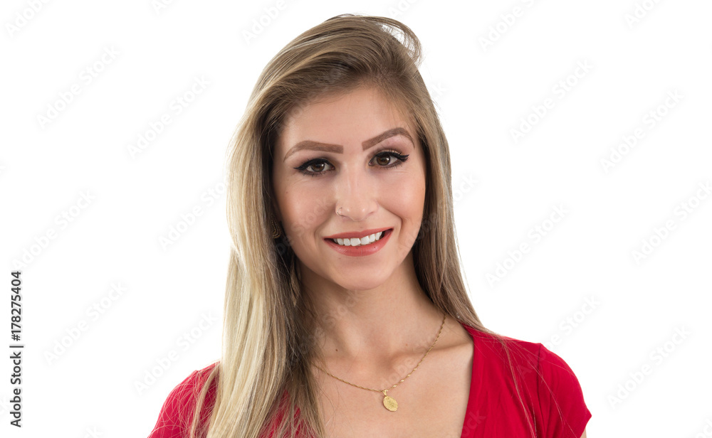 Blonde person and wearing red clothes. Isolated. Beautiful woman smiling.. Blonde person and wearing red clothes. Isolated. Beautiful woman smiling..