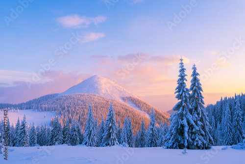 Christmas landscape in the winter mountains at sunset