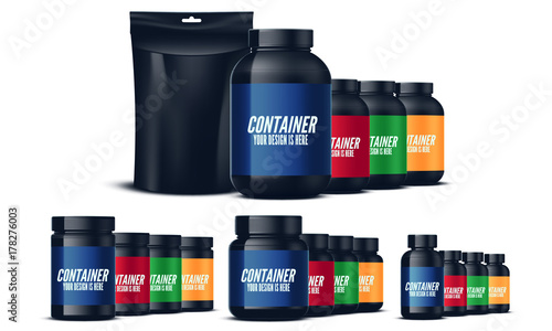 Big set of containers for sports nutrition. Vector illustration.