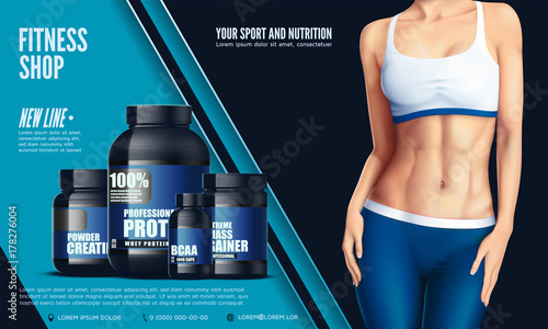 Cropped image of sexy beautiful young sportswoman in the sport tights and the bra, and set of bottles with sport nutrition. Vector illustration.