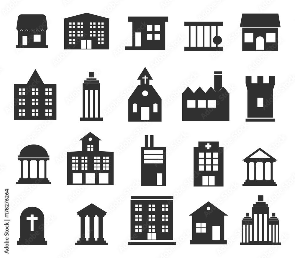 Buildings vector icons set on white background. Vector Illustration EPS