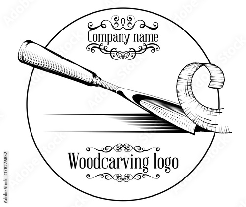 Woodcarving logotype Illustration with a chisel, cutting a wood slice, vintage style logo, black and white isolated