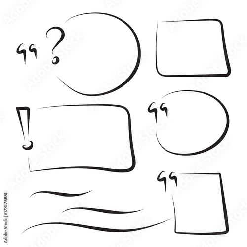 Set hand drawn rectangle, quotes, circle, question, exclamation mark, underline felt-tip pen objects. Text box and frames. Vector handdrawn elements.
