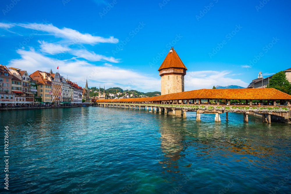 Cityscape of Lucerne with river and bridge in the evening, Switzerland