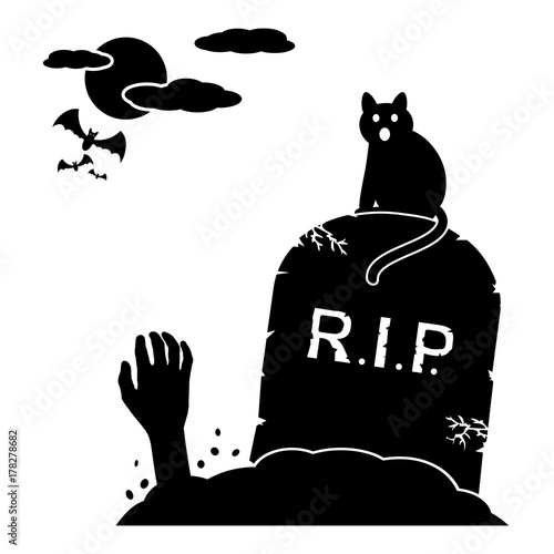 Cat sitting by gravestone and zombie hands rising out from the ground on cemetery
