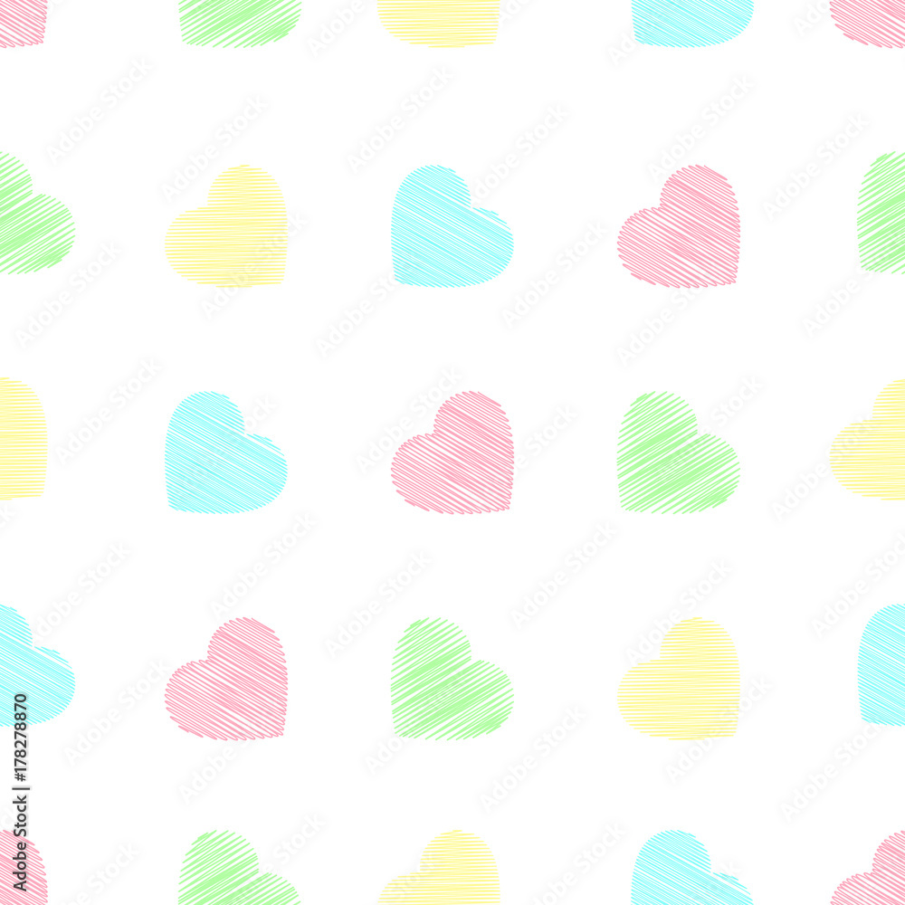 Seamless hearts hand drawn sketch style pastel colored vector love and romance design colorful background suitable for Valentines Day