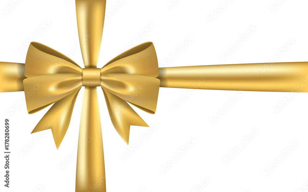 Gold gift bow ribbon. Golden bow tie isolated on white background. 3D shiny gift bow tie for Christmas present, holiday decoration, birthday. Silk ribbon for invitation Vector illustration Gold gift bow ribbon. Golden bow tie isolated on white background. 3D shiny gift bow tie for Christmas present, holiday decoration, birthday. Silk ribbon for invitation Vector illustration