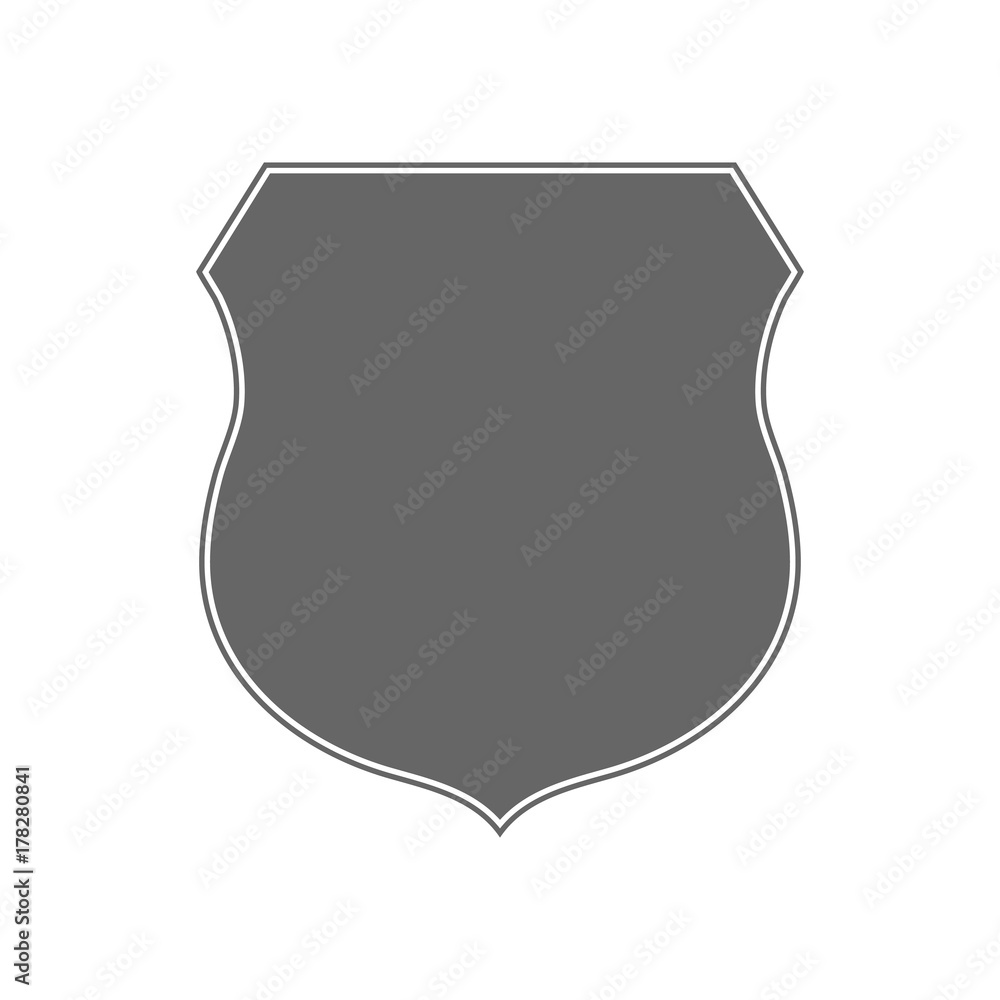 Shield shape icon. Gray label sign, isolated on white background. Symbol of protection, arms, security, safety. Flat retro style design. Element vintage heraldic emblem. Vector illustration Shield shape icon. Gray label sign, isolated on white background. Symbol of protection, arms, security, safety. Flat retro style design. Element vintage heraldic emblem. Vector illustration